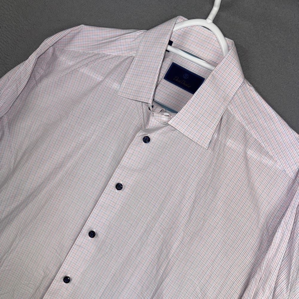 David Donahue Dress Shirt Mens 16.5 32/33 White Tattersall Check Cotton Button